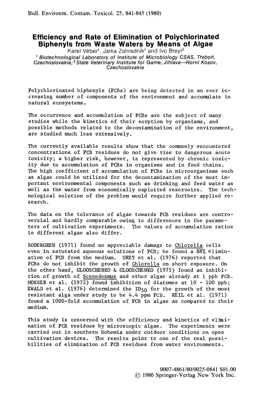 Efficiency and rate of elimination of polychlorinated biphenyls from waste waters by means of algae by Unknown