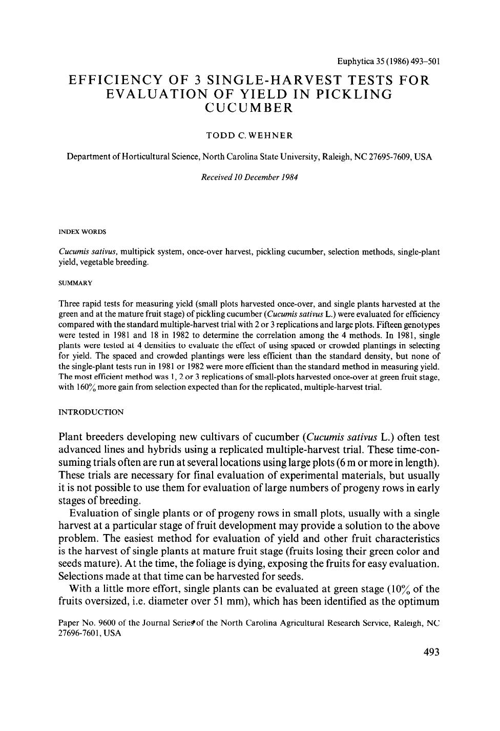 Efficiency of 3 single-harvest tests for evaluation of yield in pickling cucumber by Unknown