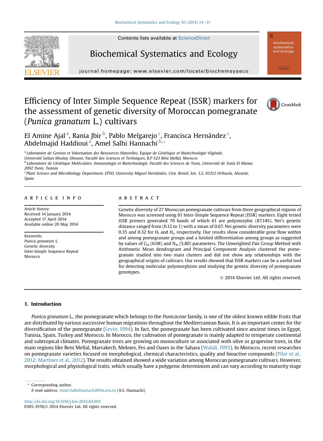 Efficiency of Inter Simple Sequence Repeat (ISSR) markers for the assessment of genetic diversity of Moroccan pomegranate (Punica granatum L.) cultivars by unknow