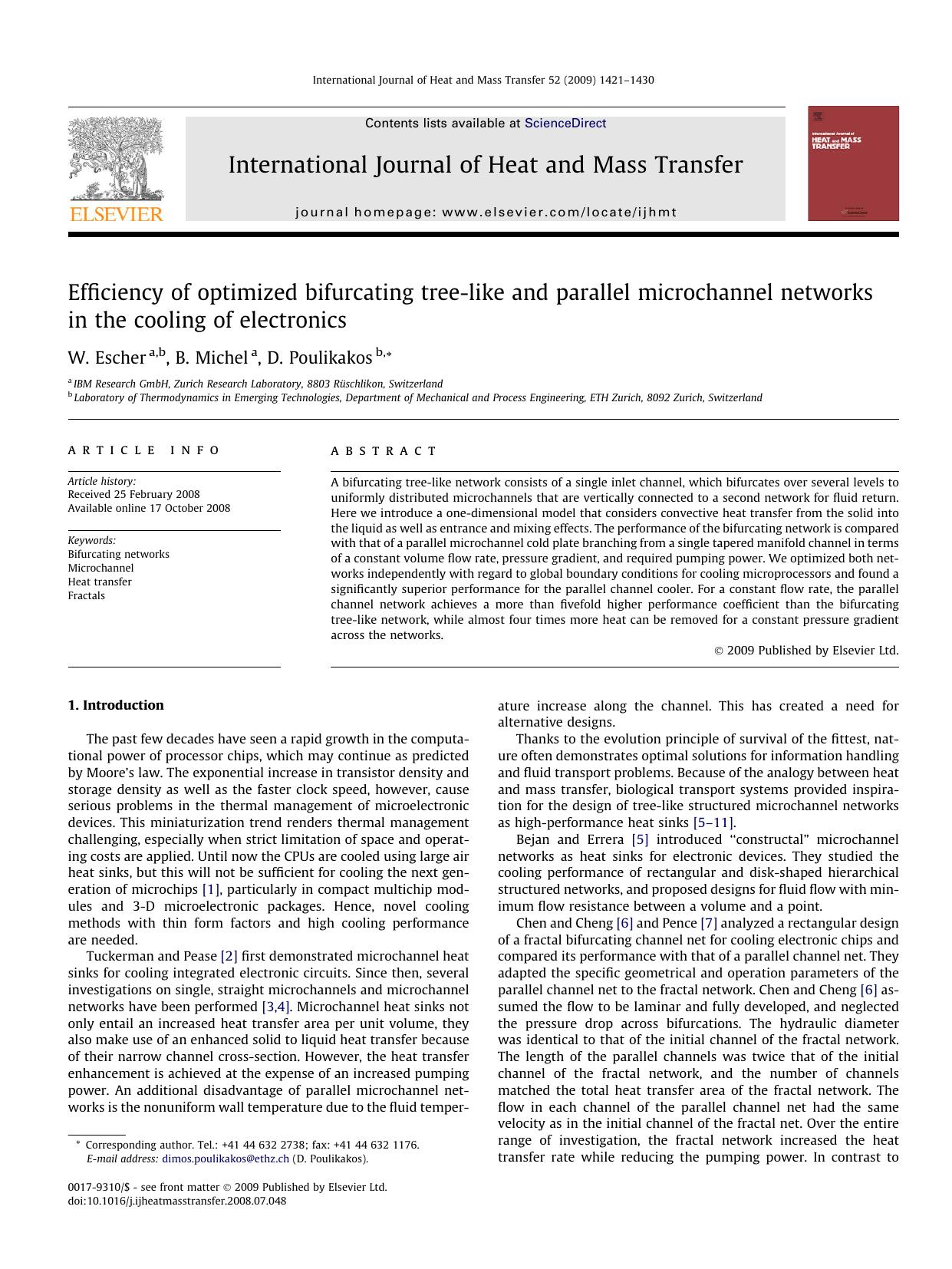 Efficiency of optimized bifurcating tree-like and parallel microchannel networks in the cooling of electronics by W. Escher; B. Michel; D. Poulikakos