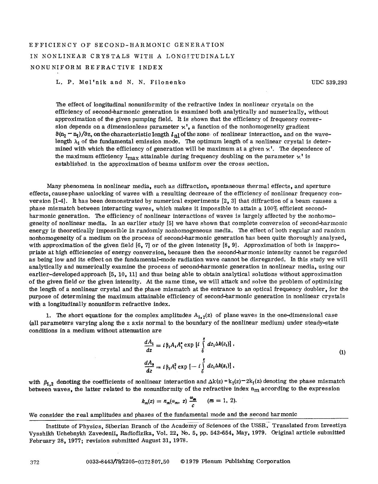 Efficiency of second-harmonic generation in nonlinear crystals with a longitudinally nonuniform refractive index by Unknown