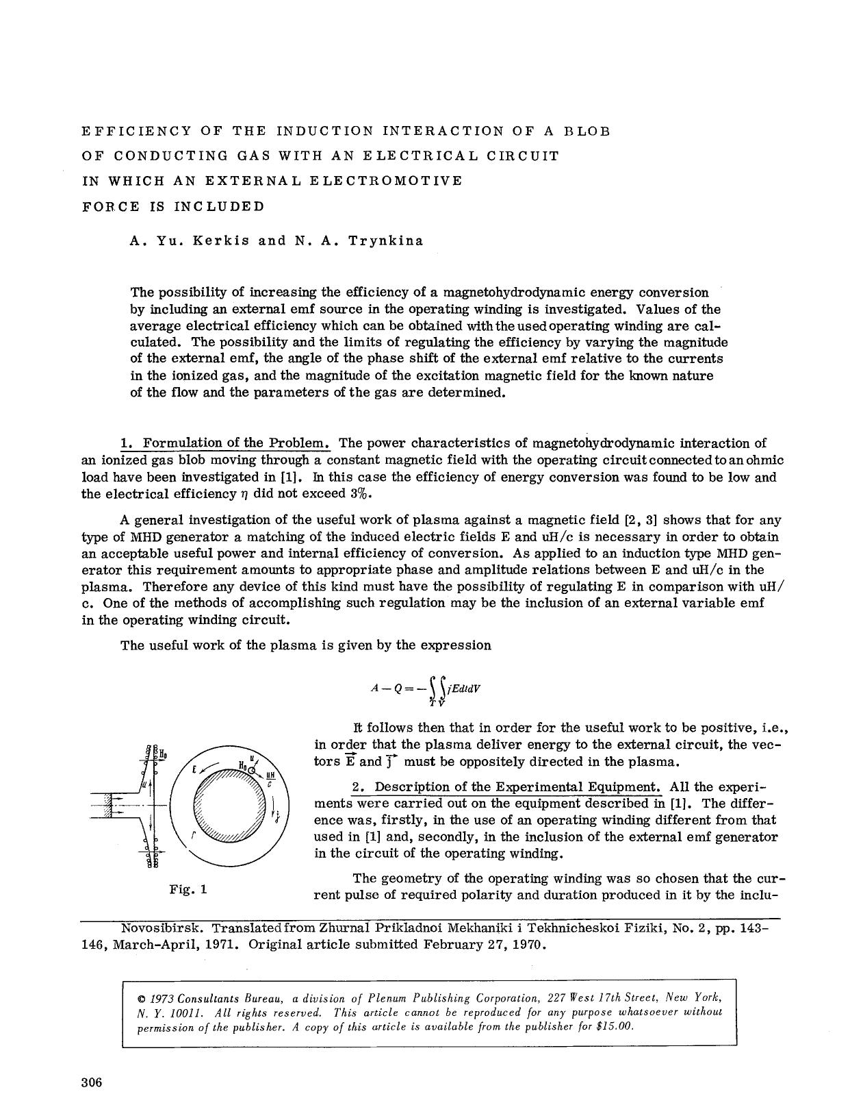 Efficiency of the induction interaction of a blob of conducting gas with an electrical circuit in which an external electromotive force is included by Unknown