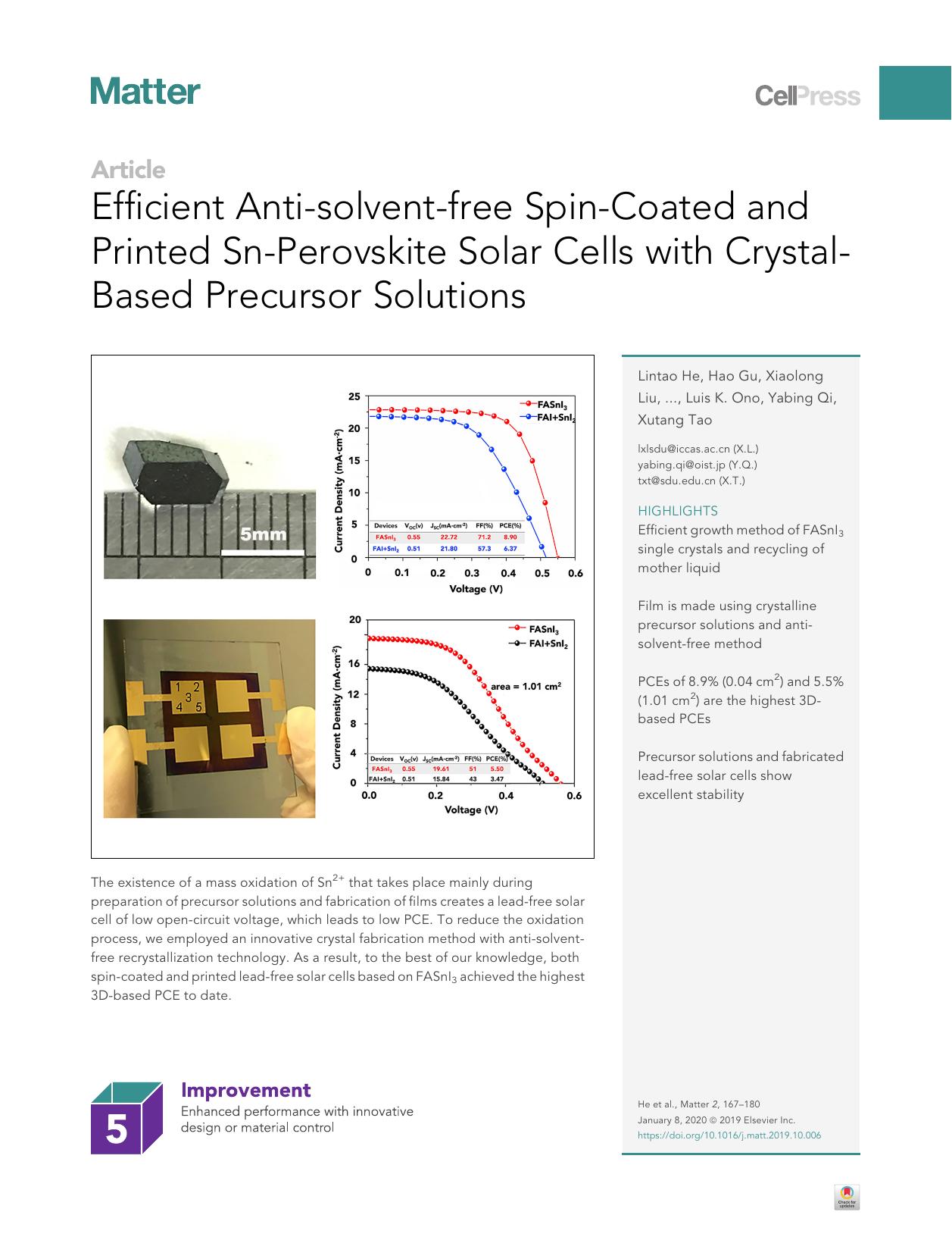 Efficient Anti-solvent-free Spin-Coated and Printed Sn-Perovskite Solar Cells with Crystal-Based Precursor Solutions by unknow