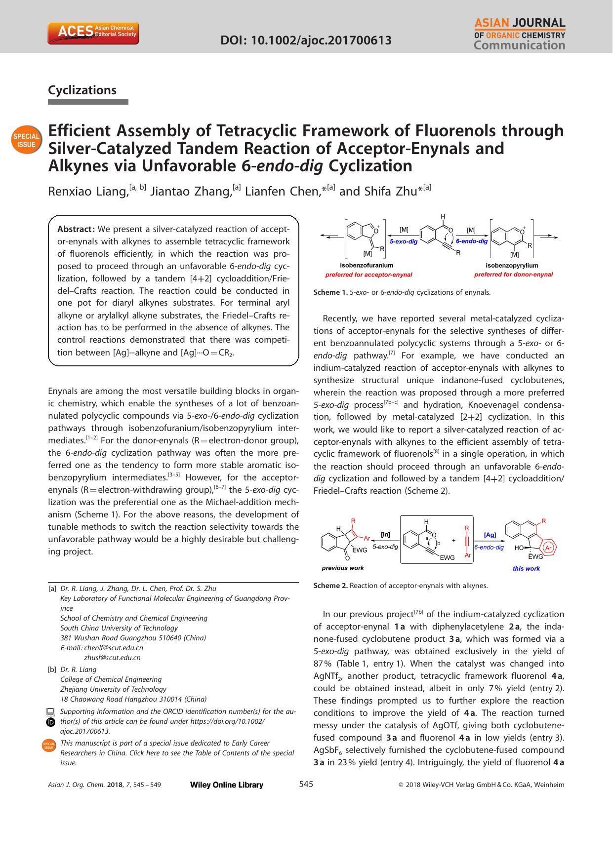 Efficient Assembly of Tetracyclic Framework of Fluorenols through SilverâCatalyzed Tandem Reaction of AcceptorâEnynals and Alkynes via Unfavorable 6âendoâdig Cyclization by Unknown