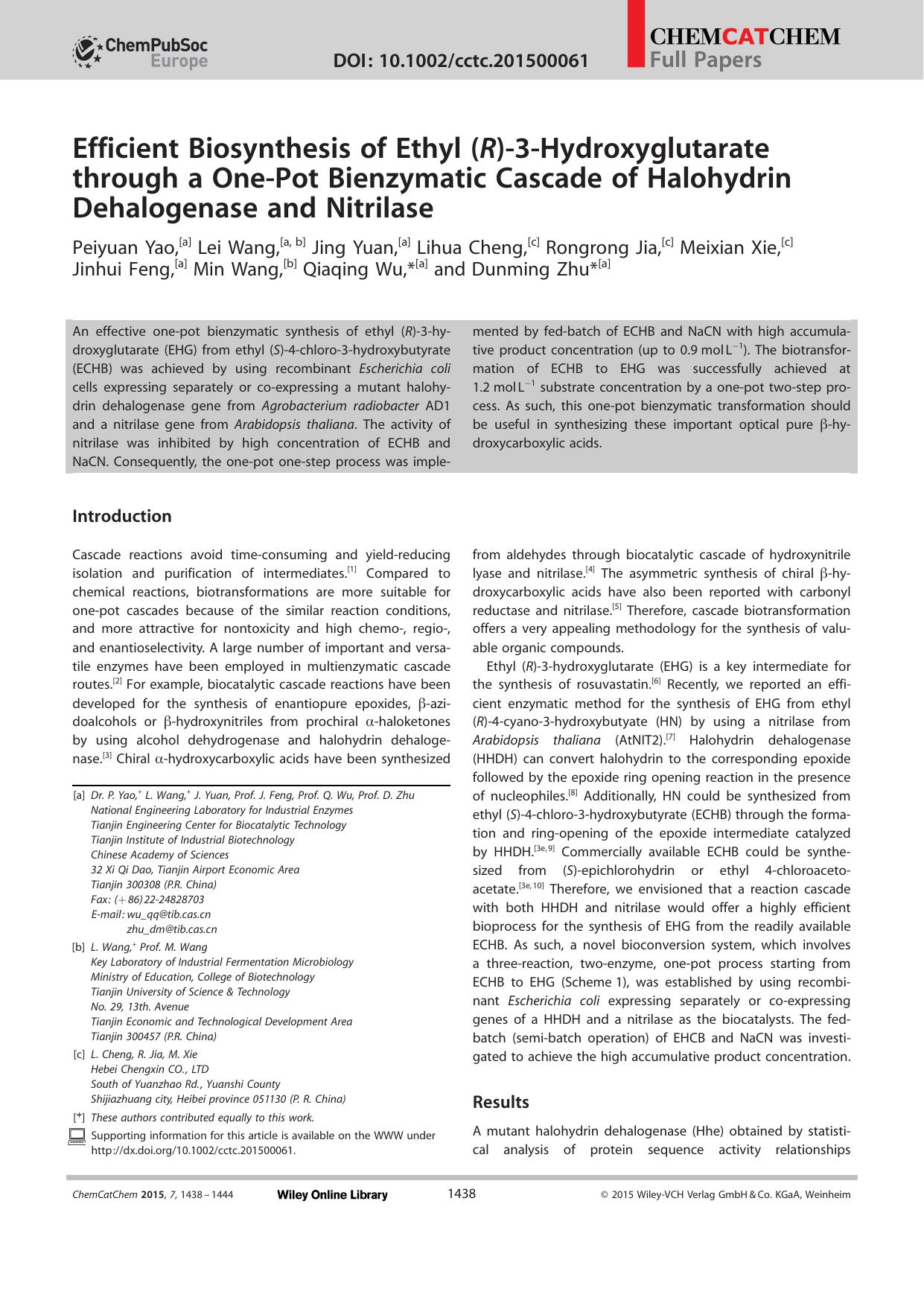 Efficient Biosynthesis of Ethyl (R)3Hydroxyglutarate through a OnePot Bienzymatic Cascade of Halohydrin Dehalogenase and Nitrilase by Unknown