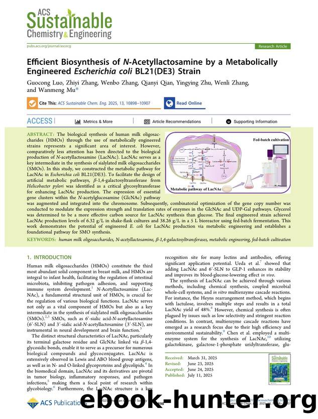 Efficient Biosynthesis of N-Acetyllactosamine by a Metabolically Engineered Escherichia coli BL21(DE3) Strain by Guocong Luo Zhiyi Zhang Wenbo Zhang Qianyi Qian Yingying Zhu Wenli Zhang and Wanmeng Mu