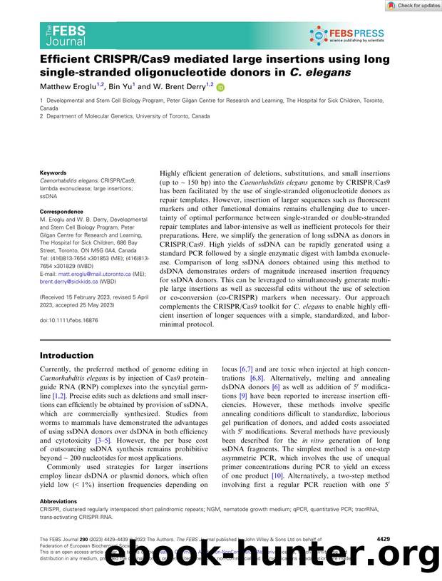 Efficient CRISPRCas9 mediated large insertions using long singleâstranded oligonucleotide donors in C. elegans by Unknown