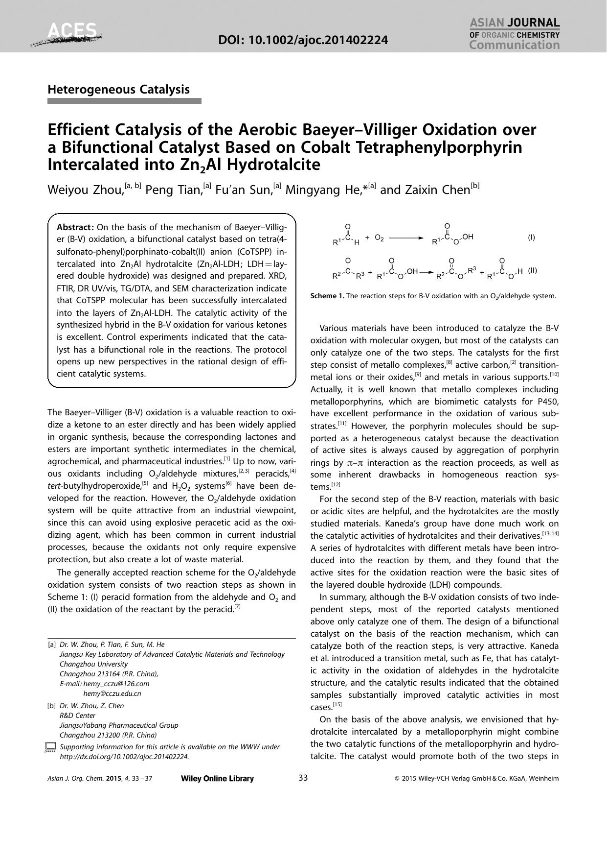 Efficient Catalysis of the Aerobic BaeyerVilliger Oxidation over a Bifunctional Catalyst Based on Cobalt Tetraphenylporphyrin Intercalated into Zn2Al Hydrotalcite by Unknown