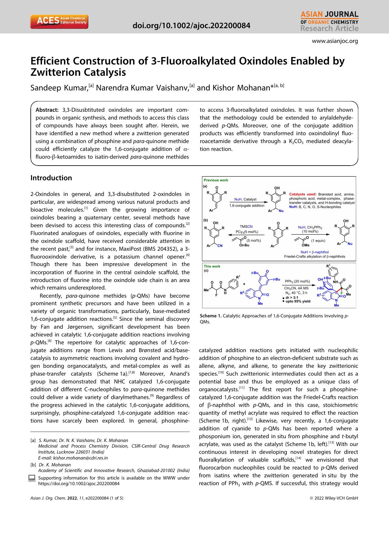 Efficient Construction of 3âFluoroalkylated Oxindoles Enabled by Zwitterion Catalysis by Unknown