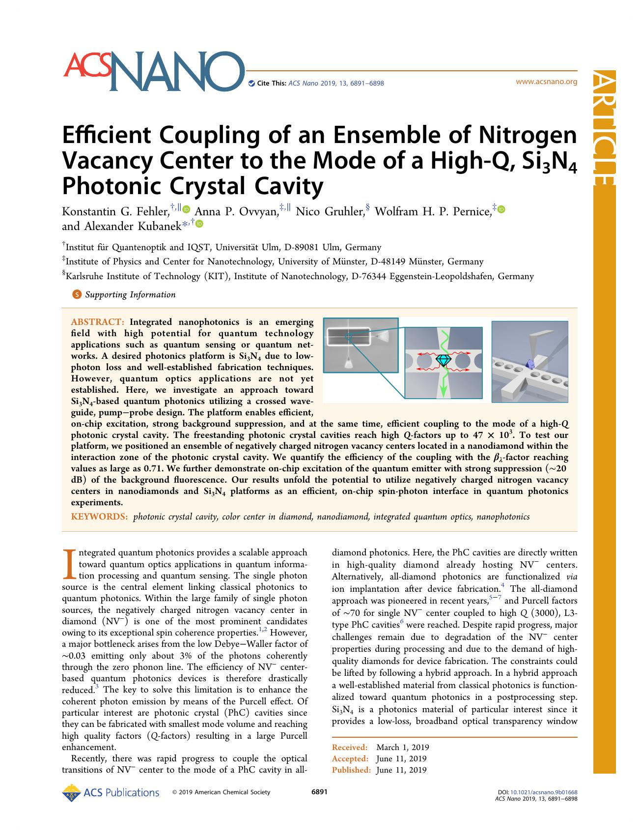 Efficient Coupling of an Ensemble of Nitrogen Vacancy Center to the Mode of a High-Q, Si3N4 Photonic Crystal Cavity by Konstantin G. Fehler Anna P. Ovvyan Nico Gruhler Wolfram H. P. Pernice and Alexander Kubanek