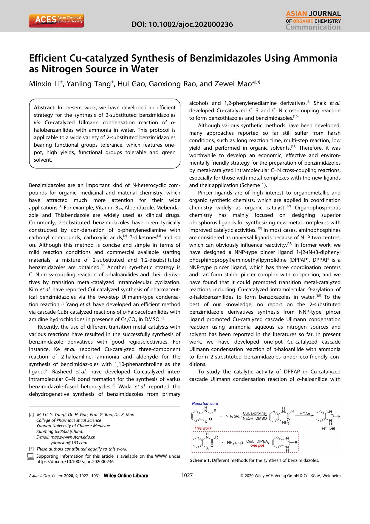 Efficient Cuâcatalyzed Synthesis of Benzimidazoles Using Ammonia as Nitrogen Source in Water by Unknown