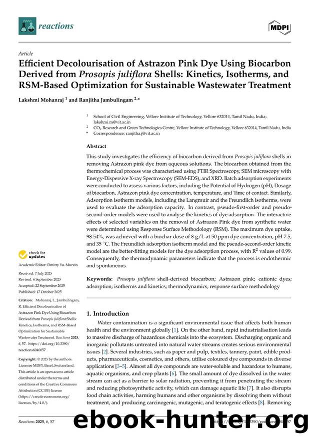 Efficient Decolourisation of Astrazon Pink Dye Using Biocarbon Derived from Prosopis juliflora Shells: Kinetics, Isotherms, and RSM-Based Optimization for Sustainable Wastewater Treatment by Lakshmi Mohanraj & Ranjitha Jambulingam