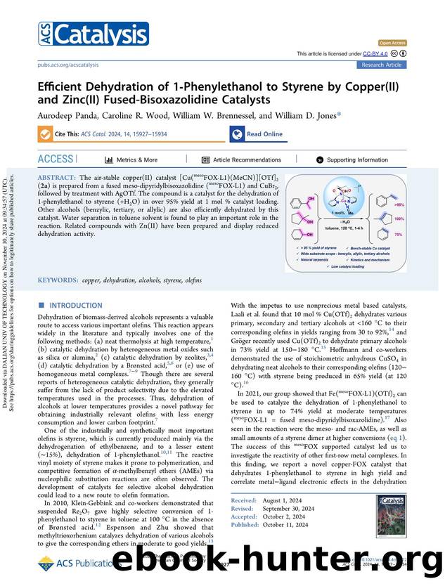 Efficient Dehydration of 1-Phenylethanol to Styrene by Copper(II) and Zinc(II) Fused-Bisoxazolidine Catalysts by Aurodeep Panda Caroline R. Wood William W. Brennessel & William D. Jones