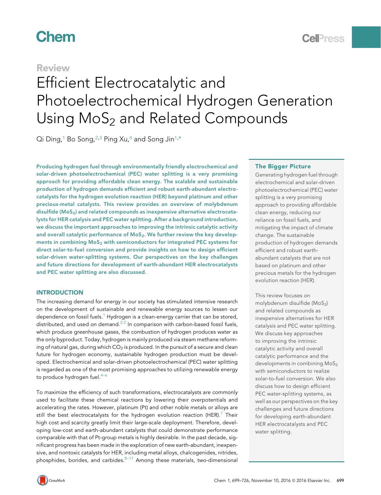 Efficient Electrocatalytic and Photoelectrochemical Hydrogen Generation Using MoS2 and Related Compounds by Qi Ding & Bo Song & Ping Xu & Song Jin