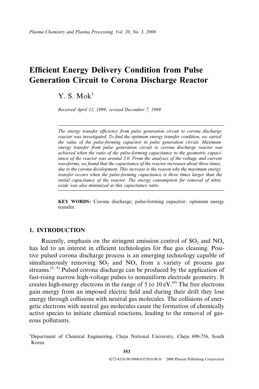 Efficient Energy Delivery Condition from Pulse Generation Circuit to Corona Discharge Reactor by Unknown