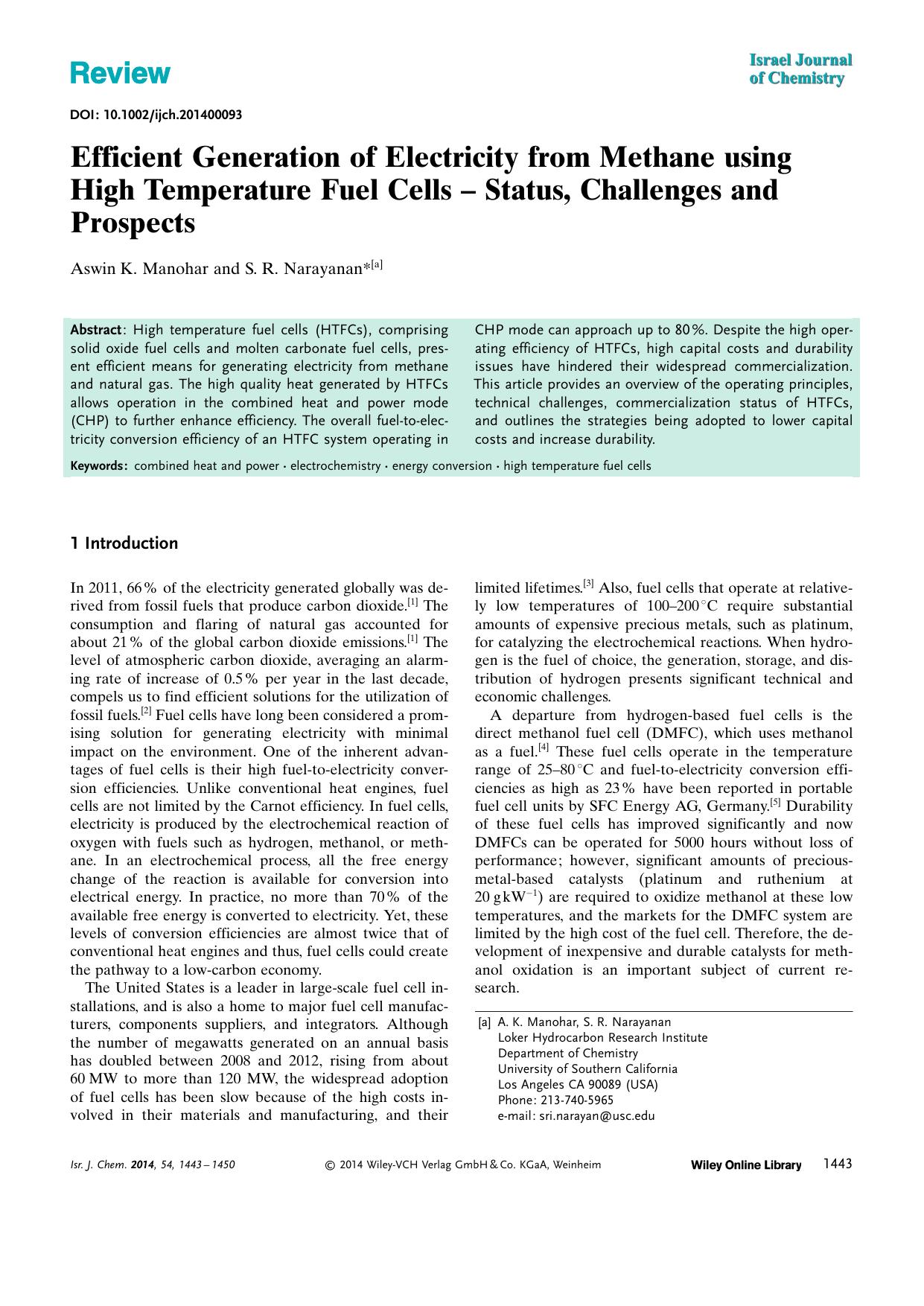 Efficient Generation of Electricity from Methane using High Temperature Fuel Cells Status, Challenges and Prospects by Unknown