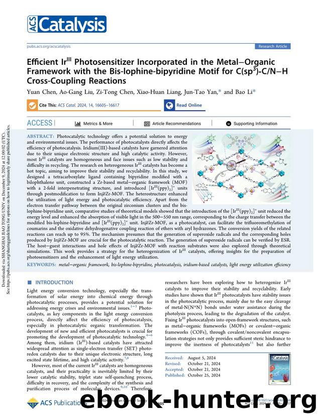 Efficient IrIII Photosensitizer Incorporated in the MetalâOrganic Framework with the Bis-lophine-bipyridine Motif for C(sp3)-CNâH Cross-Coupling Reactions by Yuan Chen Ao-Gang Liu Zi-Tong Chen Xiao-Huan Liang Jun-Tao Yan & Bao Li