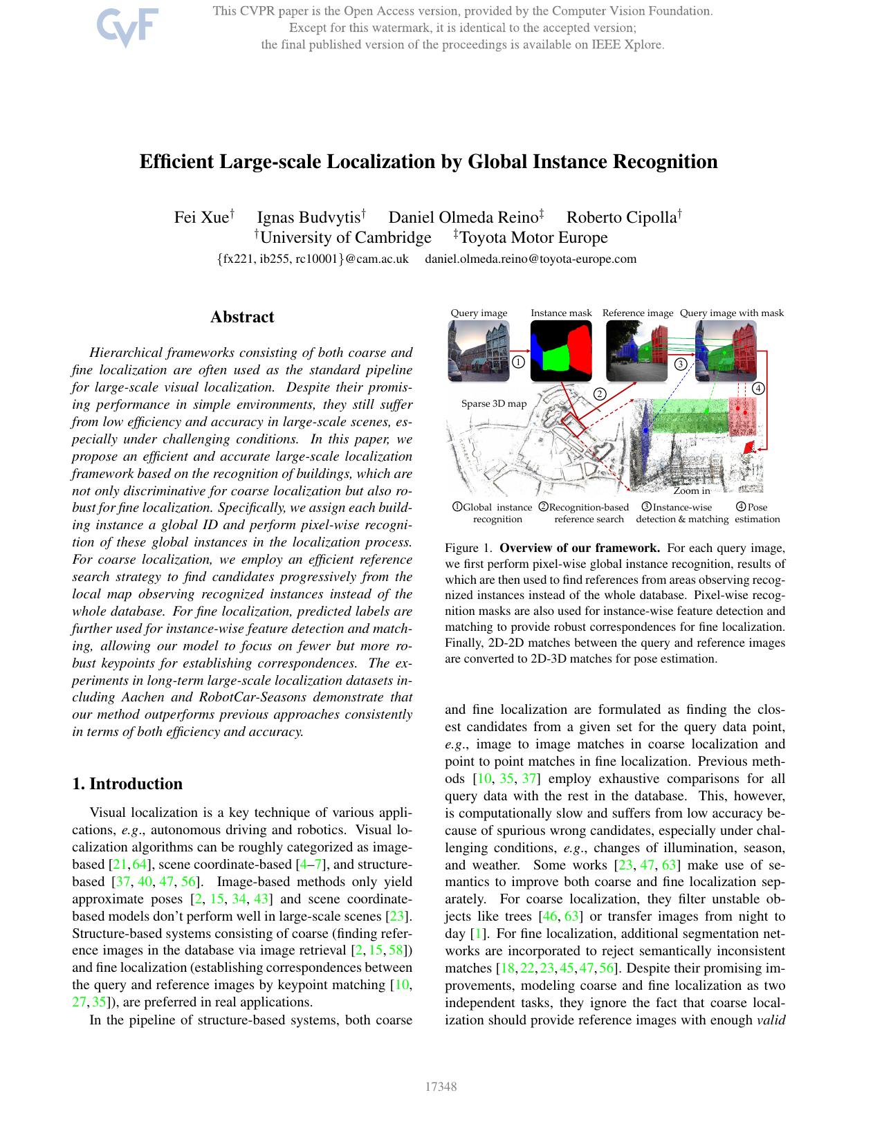 Efficient Large-Scale Localization by Global Instance Recognition by Fei Xue & Ignas Budvytis & Daniel Olmeda Reino & Roberto Cipolla