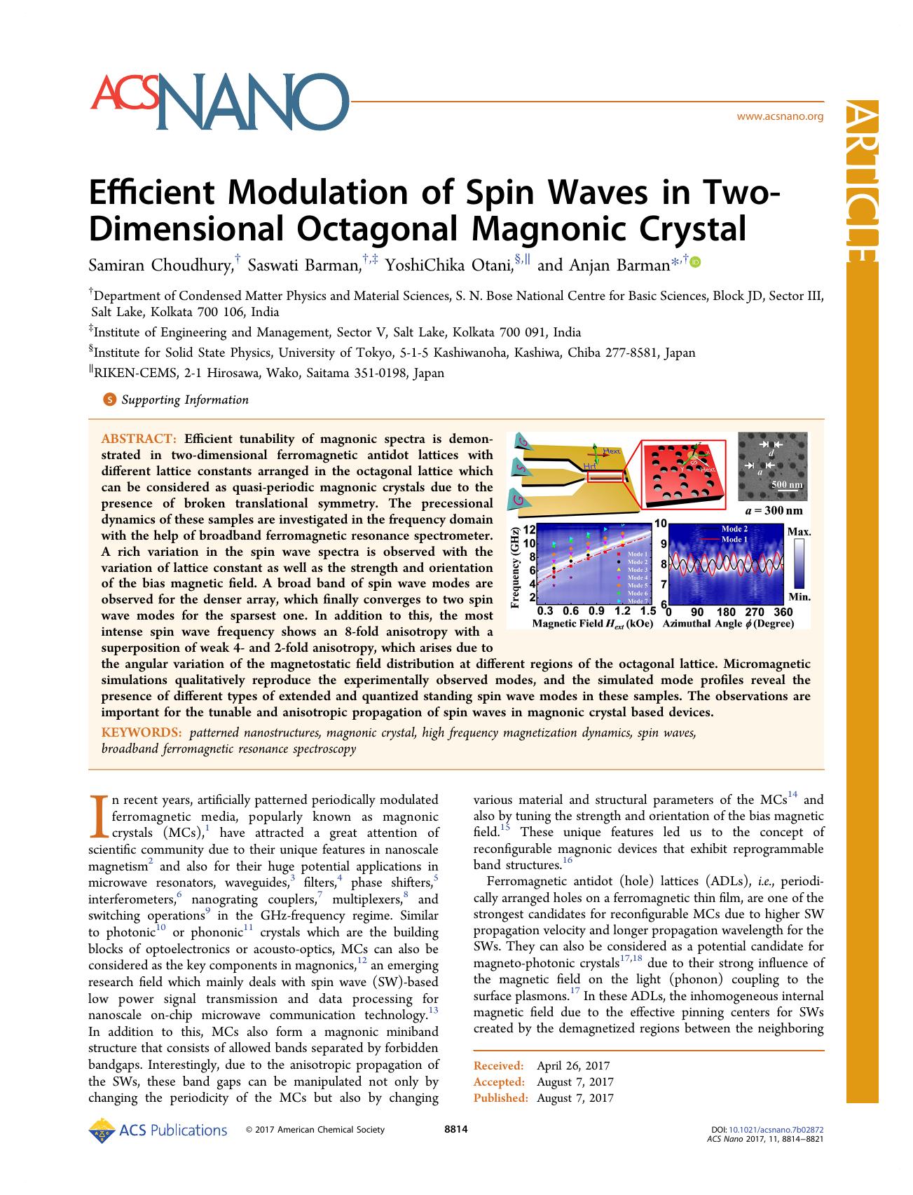 Efficient Modulation of Spin Waves in Two-Dimensional Octagonal Magnonic Crystal by Samiran Choudhury Saswati Barman YoshiChika Otani & Anjan Barman