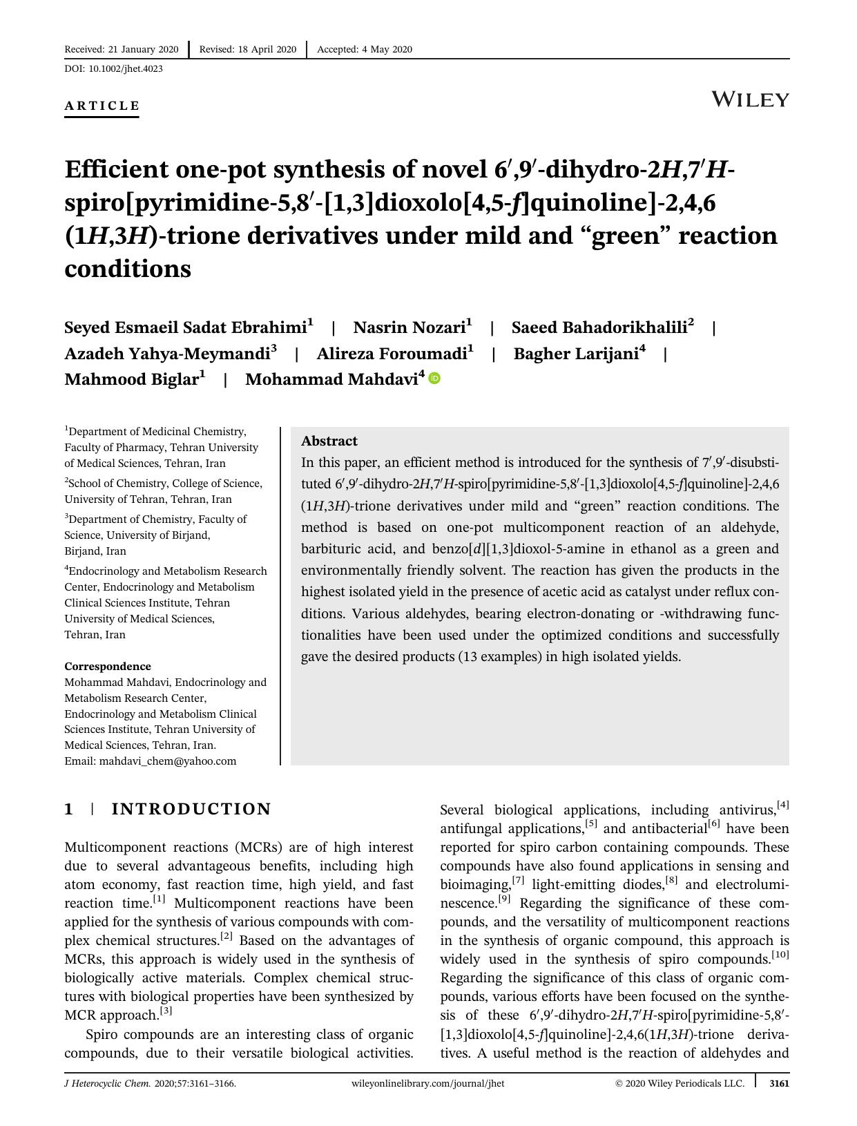 Efficient One-pot Synthesis of Novel 6',9'-Dihydro-2H,7'H-spiro[pyrimidine-5,8'-[1,3]dioxolo[4,5-f]quinoline]-2,4,6(1H,3H)-trione Derivatives under Mild and âGreenâ Reaction Conditions by Unknown