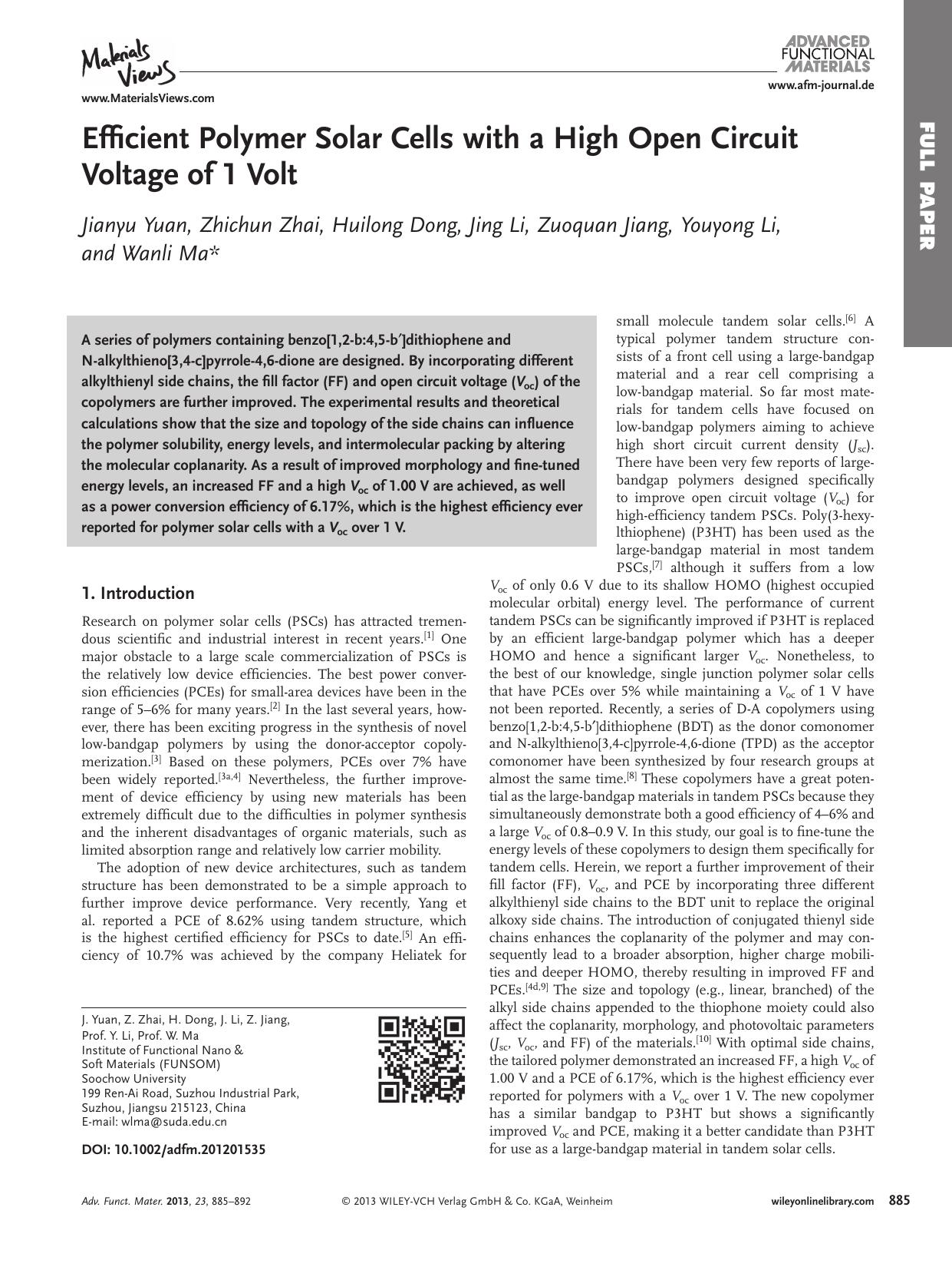 Efficient Polymer Solar Cells with a High Open Circuit Voltage of 1 Volt by vng