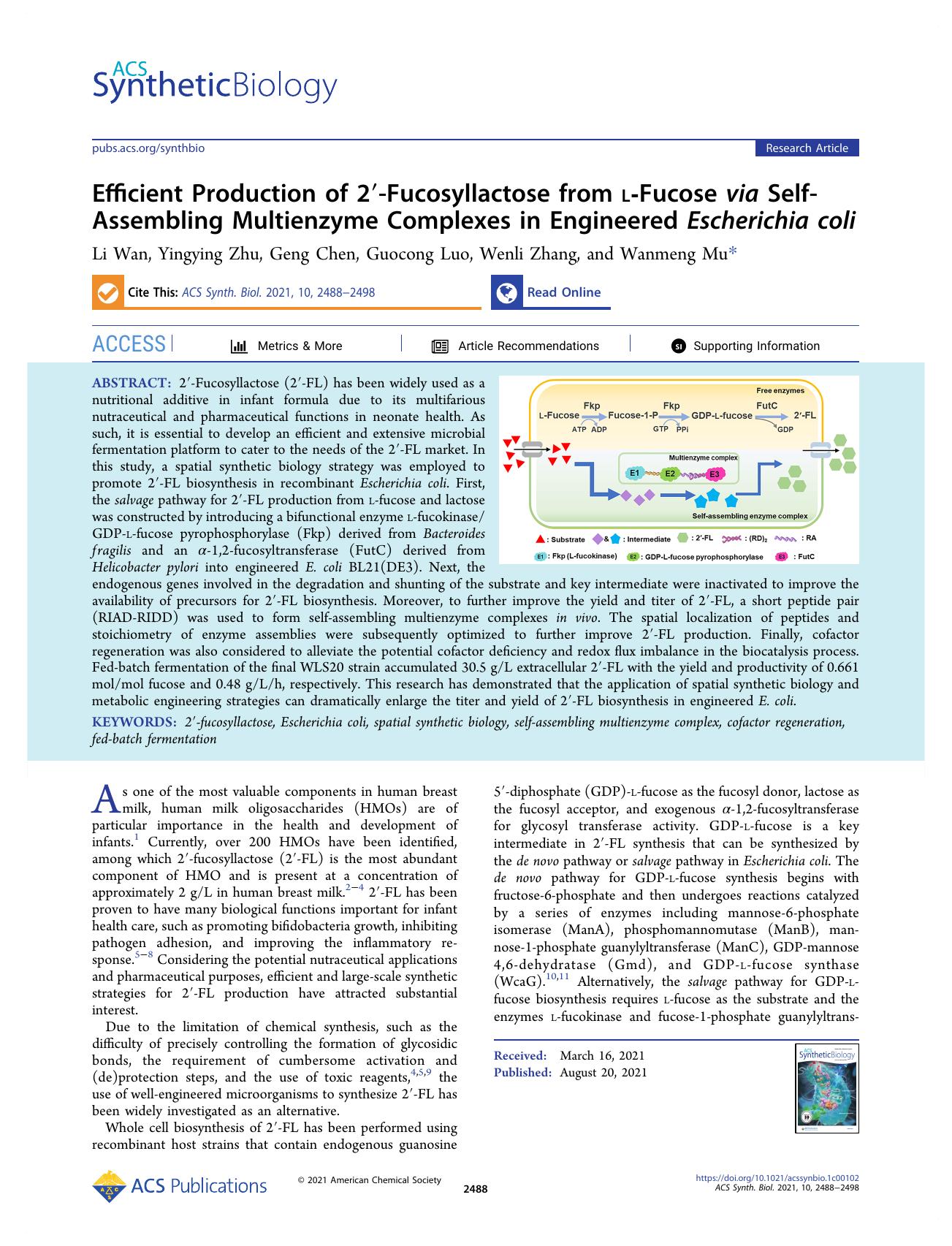 Efficient Production of 2â²-Fucosyllactose from l-Fucose via Self-Assembling Multienzyme Complexes in Engineered Escherichia coli by Li Wan Yingying Zhu Geng Chen Guocong Luo Wenli Zhang and Wanmeng Mu