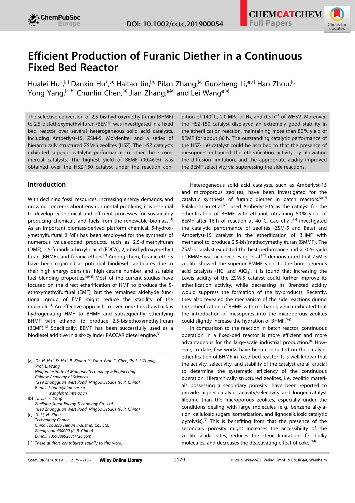 Efficient Production of Furanic Diether in a Continuous Fixed Bed Reactor by Unknown