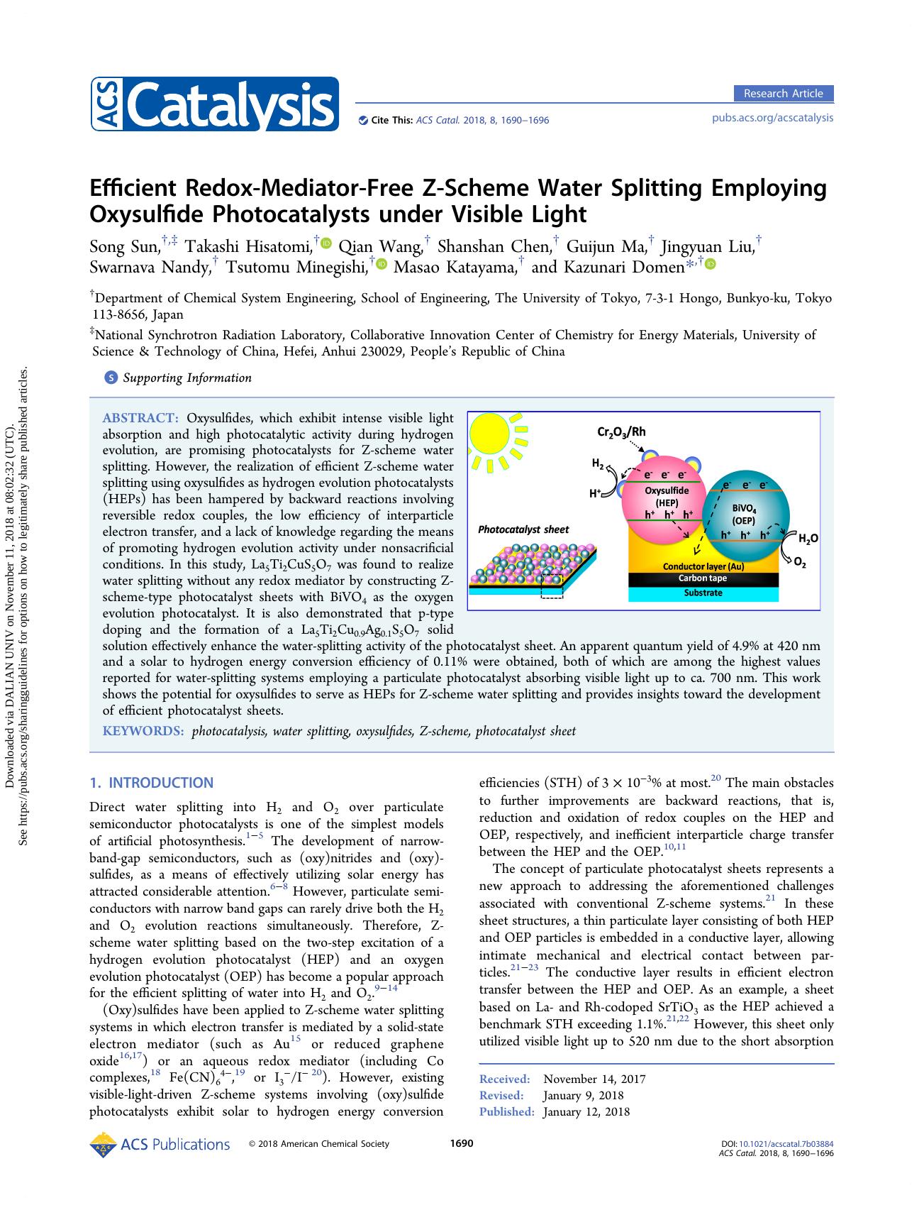 Efficient Redox-Mediator-Free Z-Scheme Water Splitting Employing Oxysulfide Photocatalysts under Visible Light by unknow