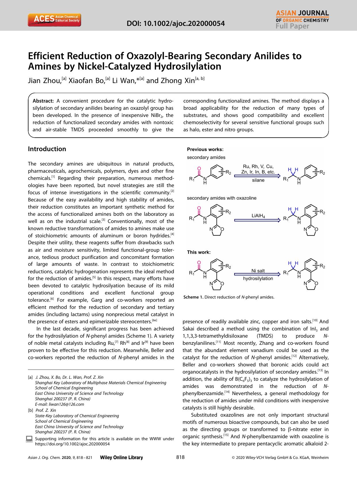 Efficient Reduction of OxazolylâBearing Secondary Anilides to Amines by NickelâCatalyzed Hydrosilylation by Unknown
