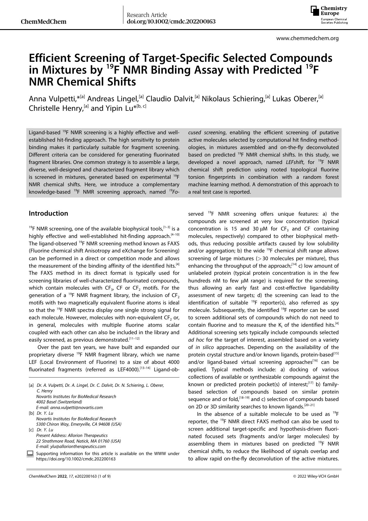 Efficient Screening of TargetâSpecific Selected Compounds in Mixtures by 19F NMR Binding Assay with Predicted 19F NMR Chemical Shifts by Unknown