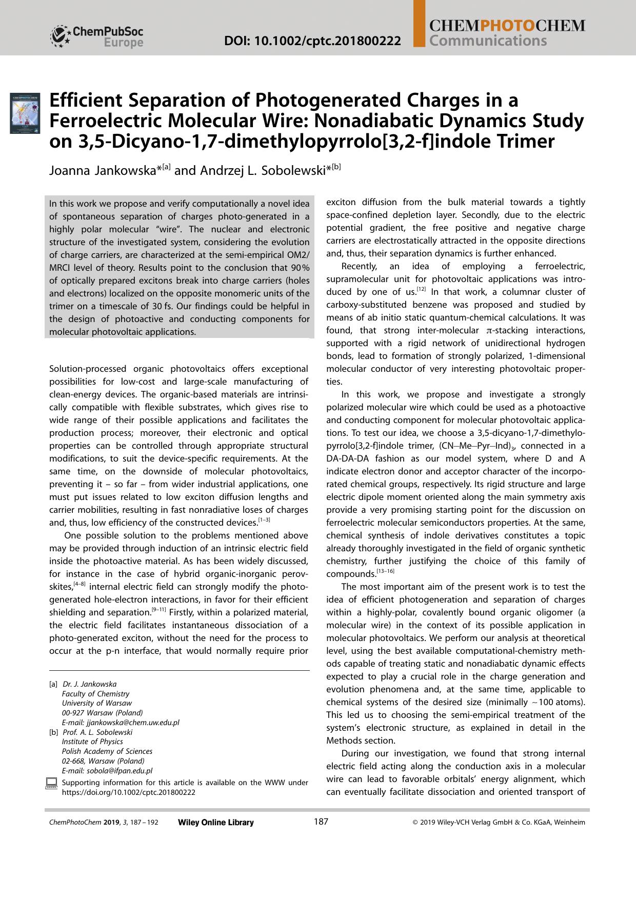 Efficient Separation of Photogenerated Charges in a Ferroelectric Molecular Wire: Nonadiabatic Dynamics Study on 3,5âDicyanoâ1,7âdimethylopyrrolo[3,2âf]indole Trimer by Unknown