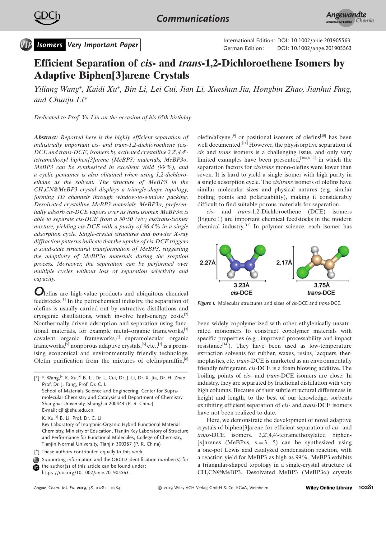 Efficient Separation of cisâ and transâ1,2âDichloroethene Isomers by Adaptive Biphen[3]arene Crystals by Unknown