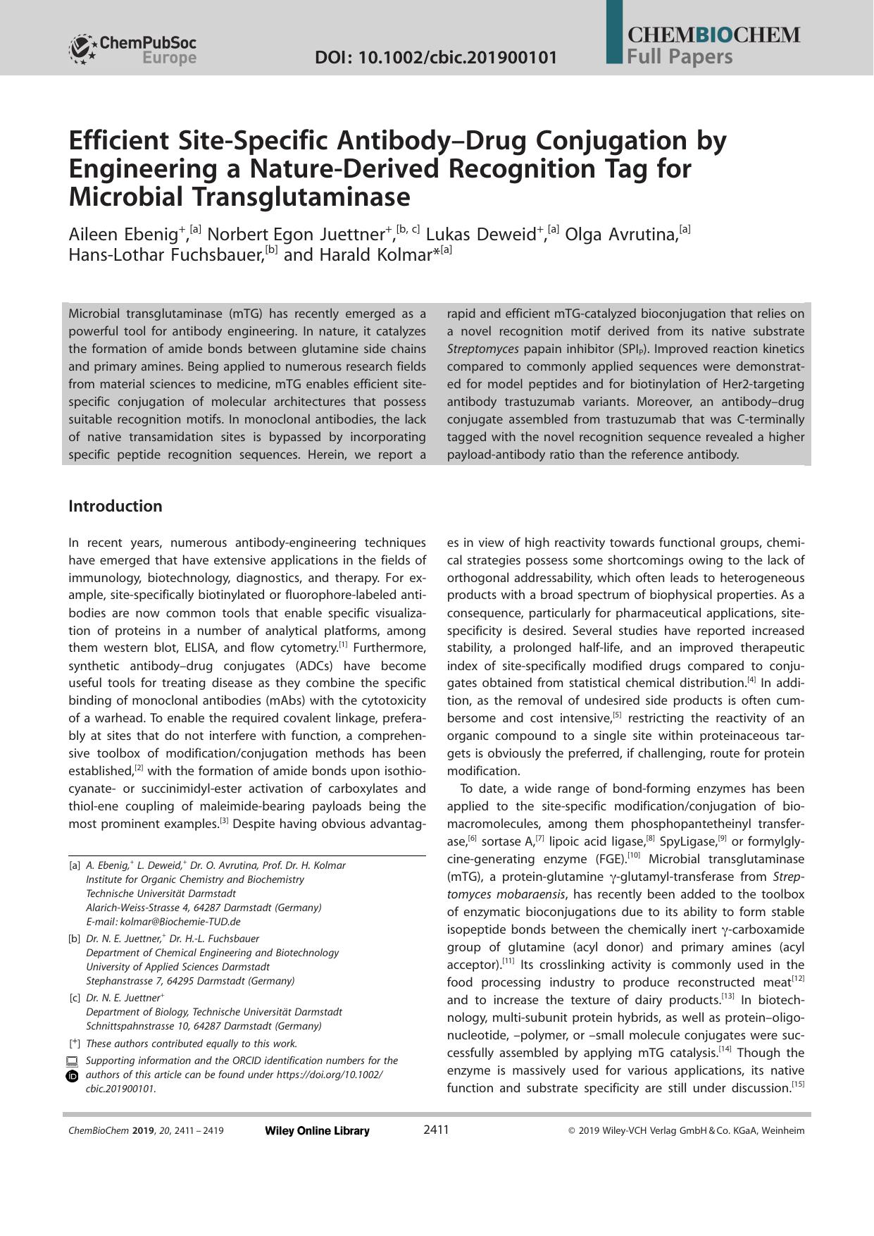 Efficient SiteâSpecific AntibodyâDrug Conjugation by Engineering a NatureâDerived Recognition Tag for Microbial Transglutaminase by Unknown
