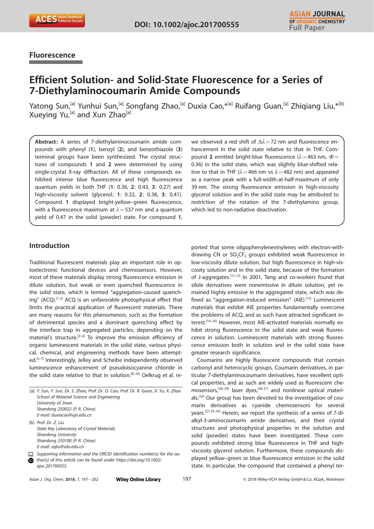 Efficient Solutionâ and SolidâState Fluorescence for a Series of 7âDiethylaminocoumarin Amide Compounds by Unknown