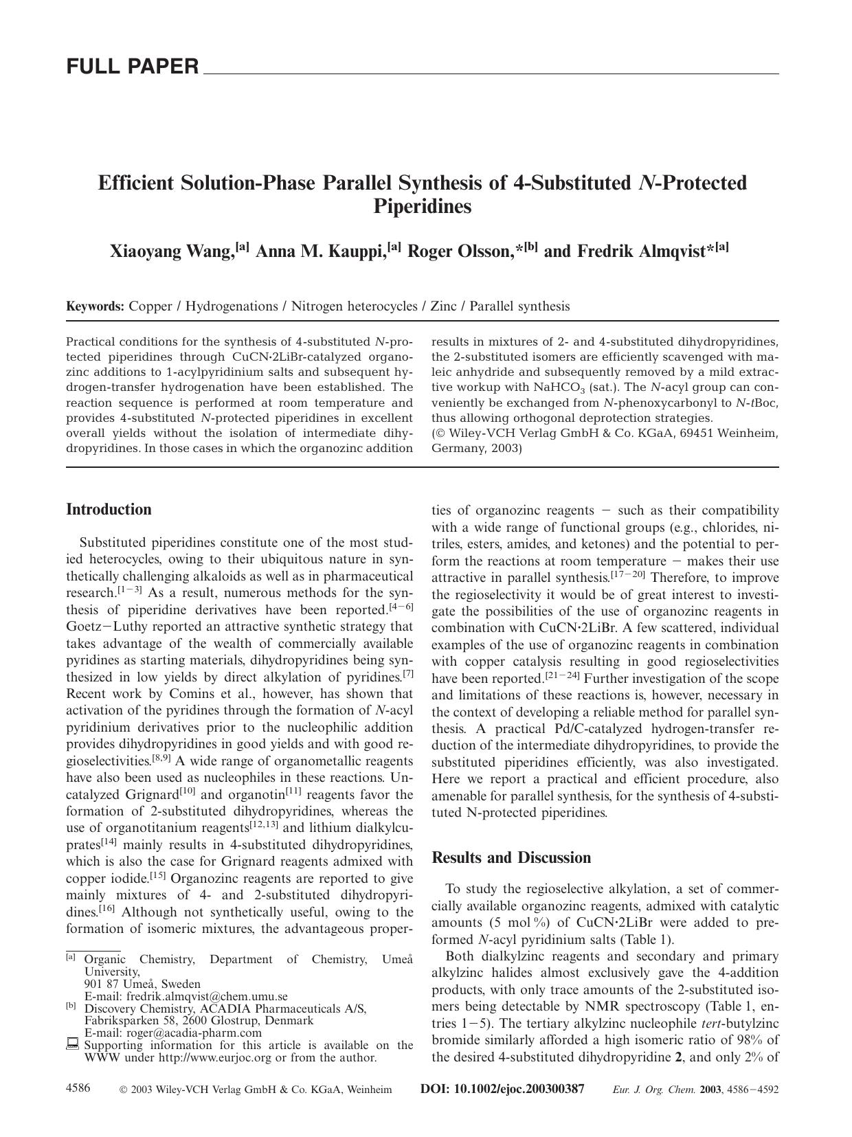 Efficient Solution-Phase Parallel Synthesis of 4-Substituted N-Protected Piperidines by Unknown