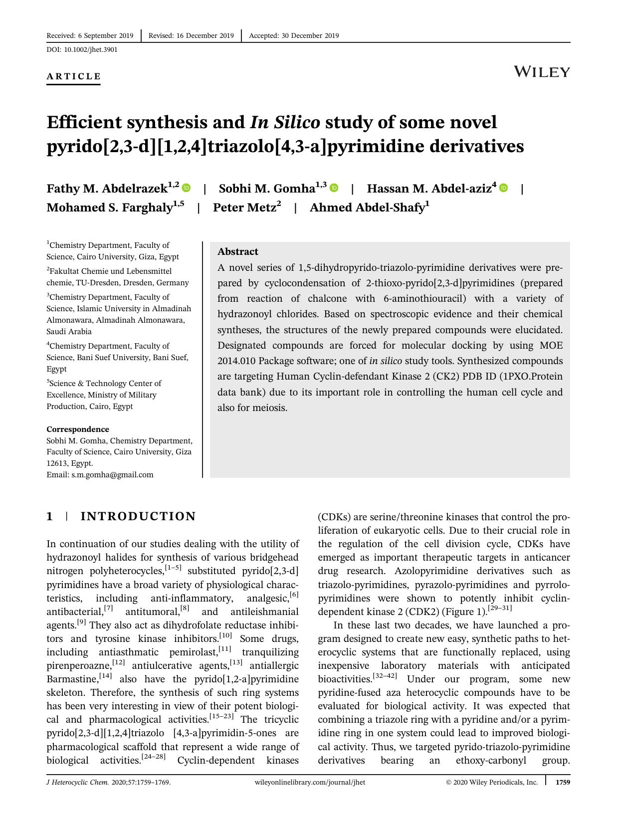 Efficient Synthesis and In-Silico Study of Some Novel Pyrido[2,3-d][1,2,4]Triazolo[4,3-a]Pyrimidine Derivatives by Unknown