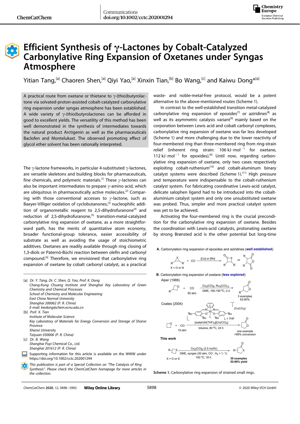 Efficient Synthesis of Î³âLactones by CobaltâCatalyzed Carbonylative Ring Expansion of Oxetanes under Syngas Atmosphere by Unknown