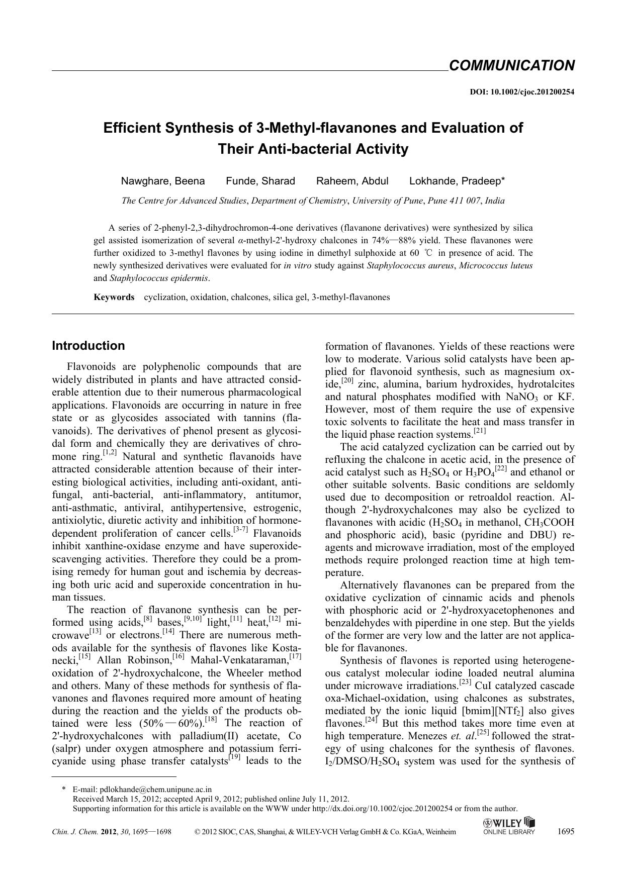 Efficient Synthesis of 3MethylFlavanones and Evaluation of Their AntiBacterial Activity by uy