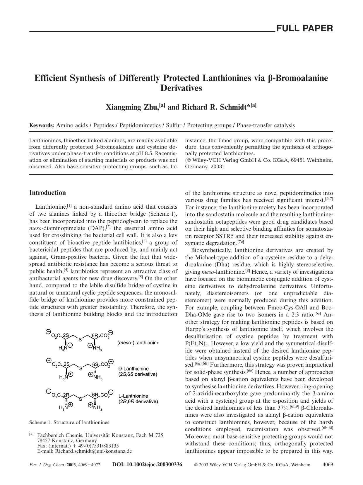 Efficient Synthesis of Differently Protected Lanthionines via [beta]-Bromoalanine Derivatives by Unknown