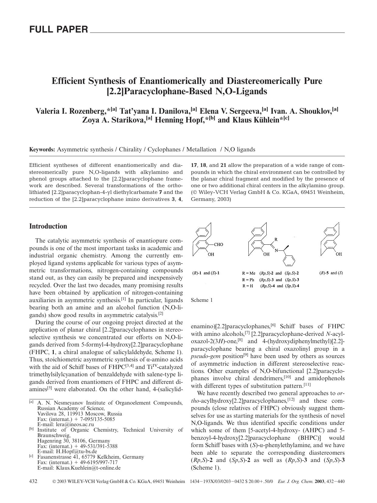 Efficient Synthesis of Enantiomerically and Diastereomerically Pure [2.2]Paracyclophane-Based N,O-Ligands by Unknown