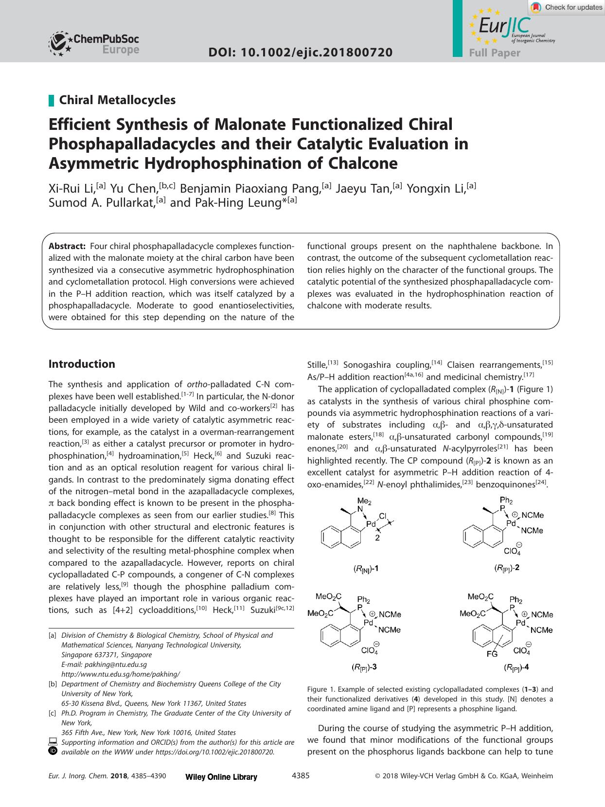 Efficient Synthesis of Malonate Functionalized Chiral Phosphapalladacycles and their Catalytic Evaluation in Asymmetric Hydrophosphination of Chalcone by Unknown