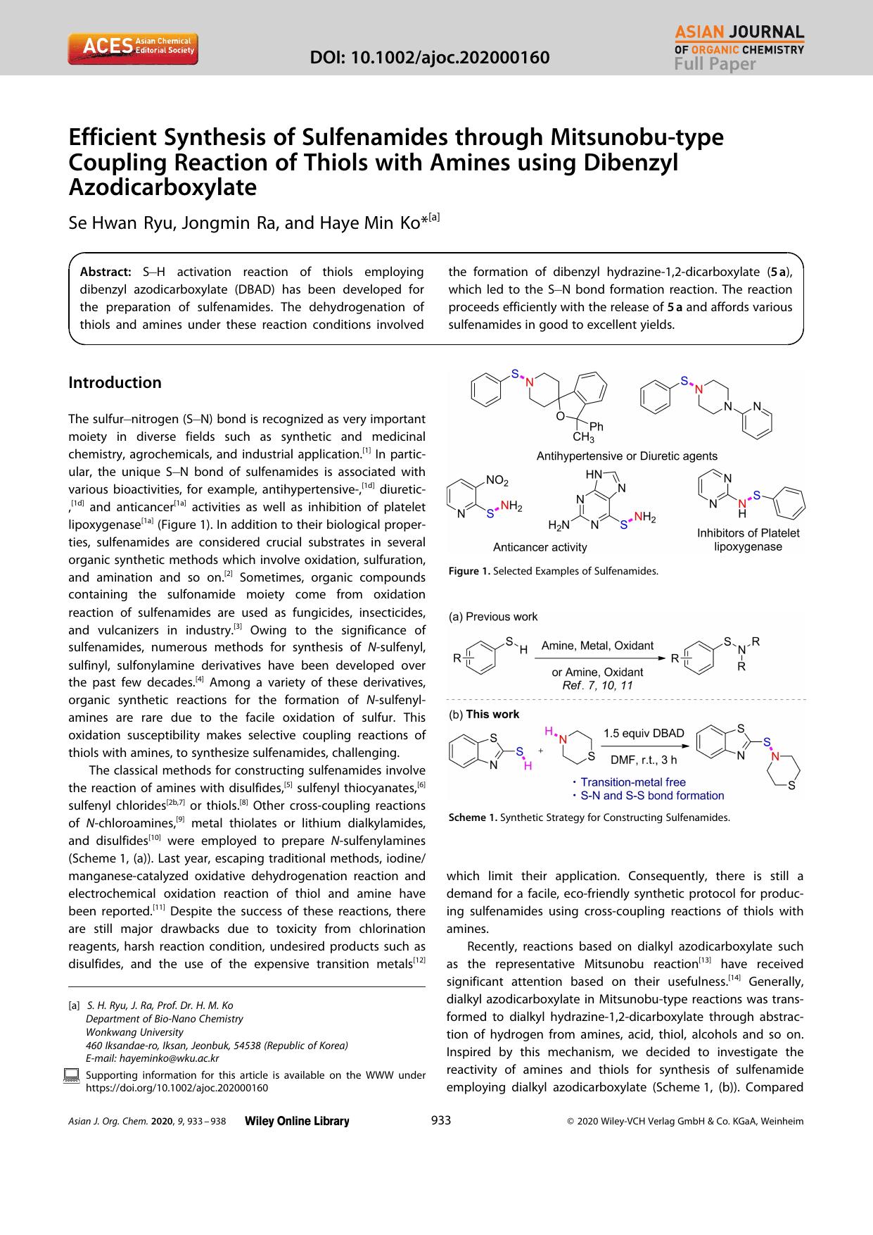 Efficient Synthesis of Sulfenamides through Mitsunobuâtype Coupling Reaction of Thiols with Amines using Dibenzyl Azodicarboxylate by Unknown