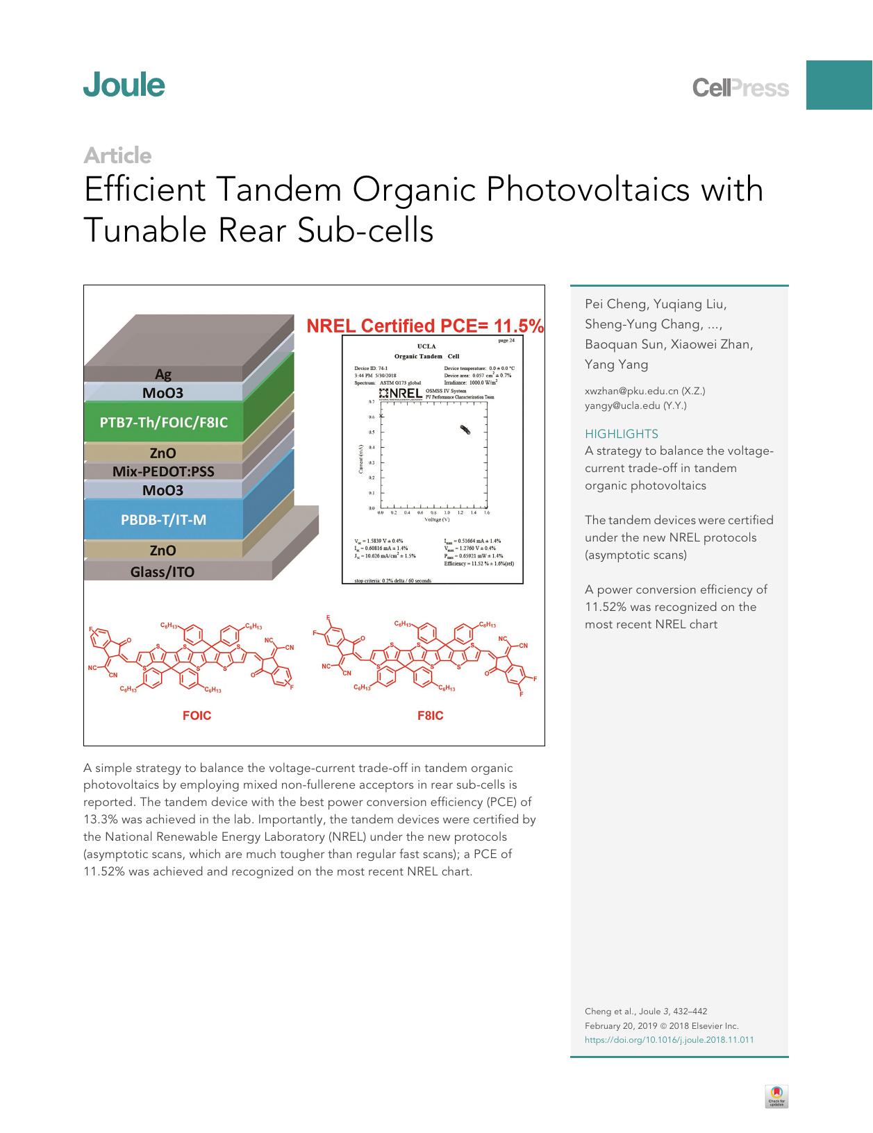 Efficient Tandem Organic Photovoltaics with Tunable Rear Sub-cells by Pei Cheng