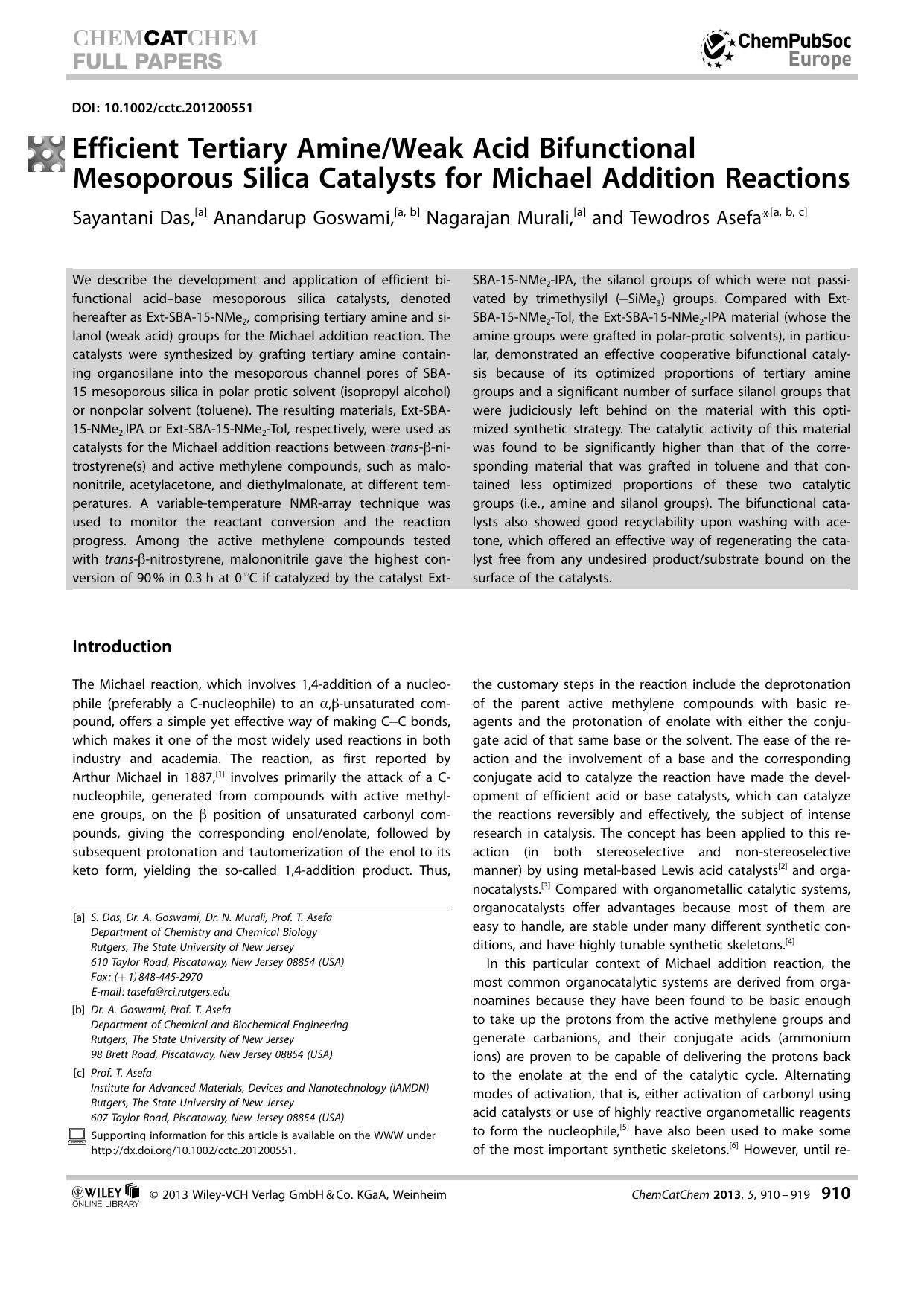 Efficient Tertiary AmineWeak Acid Bifunctional Mesoporous Silica Catalysts for Michael Addition Reactions by Unknown