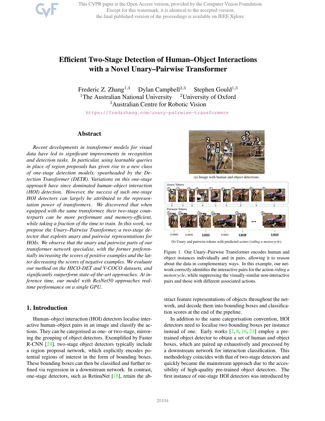 Efficient Two-Stage Detection of Human-Object Interactions With a Novel Unary-Pairwise Transformer by Frederic Z. Zhang & Dylan Campbell & Stephen Gould