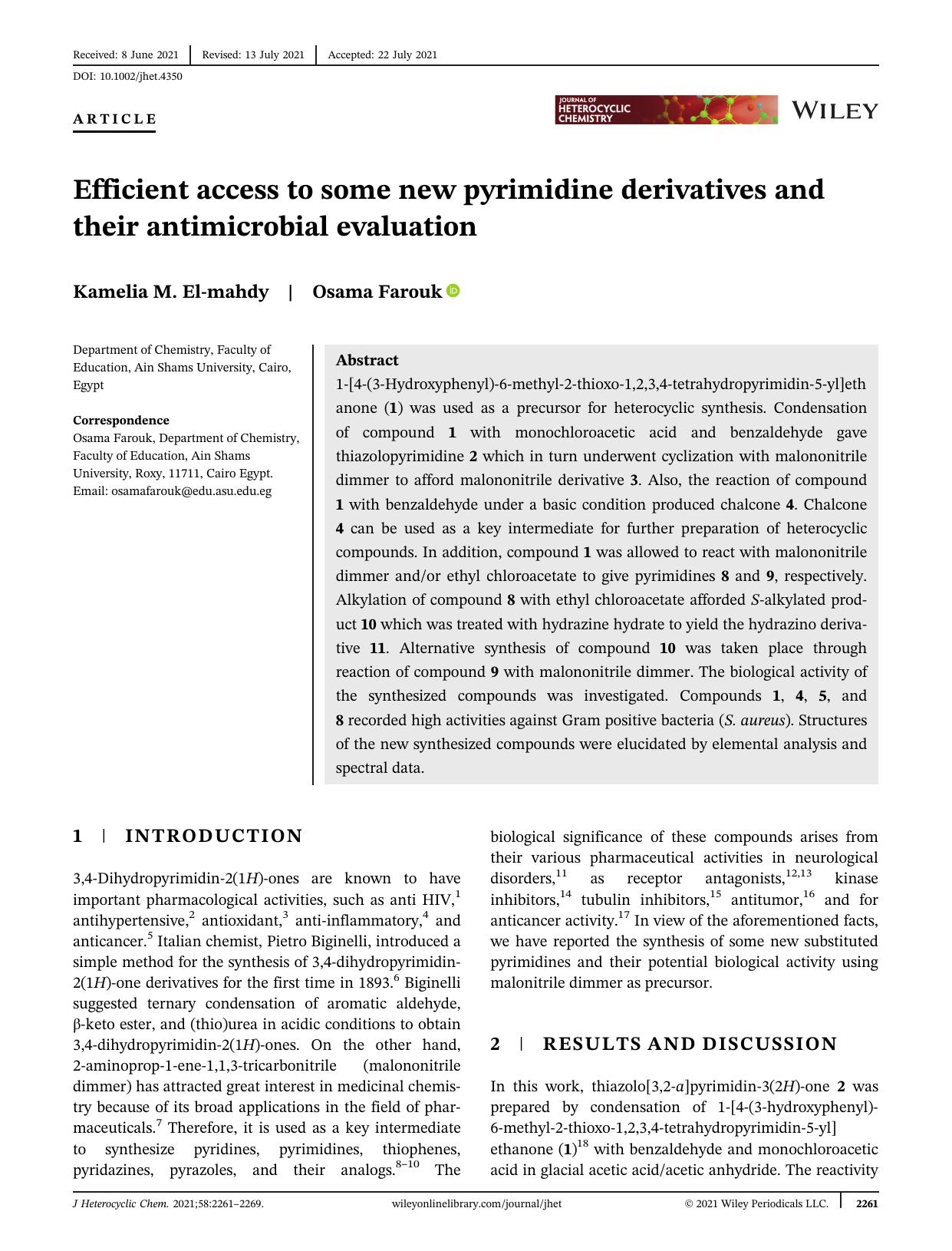 Efficient access to some new pyrimidine derivatives and their antimicrobial evaluation by Unknown