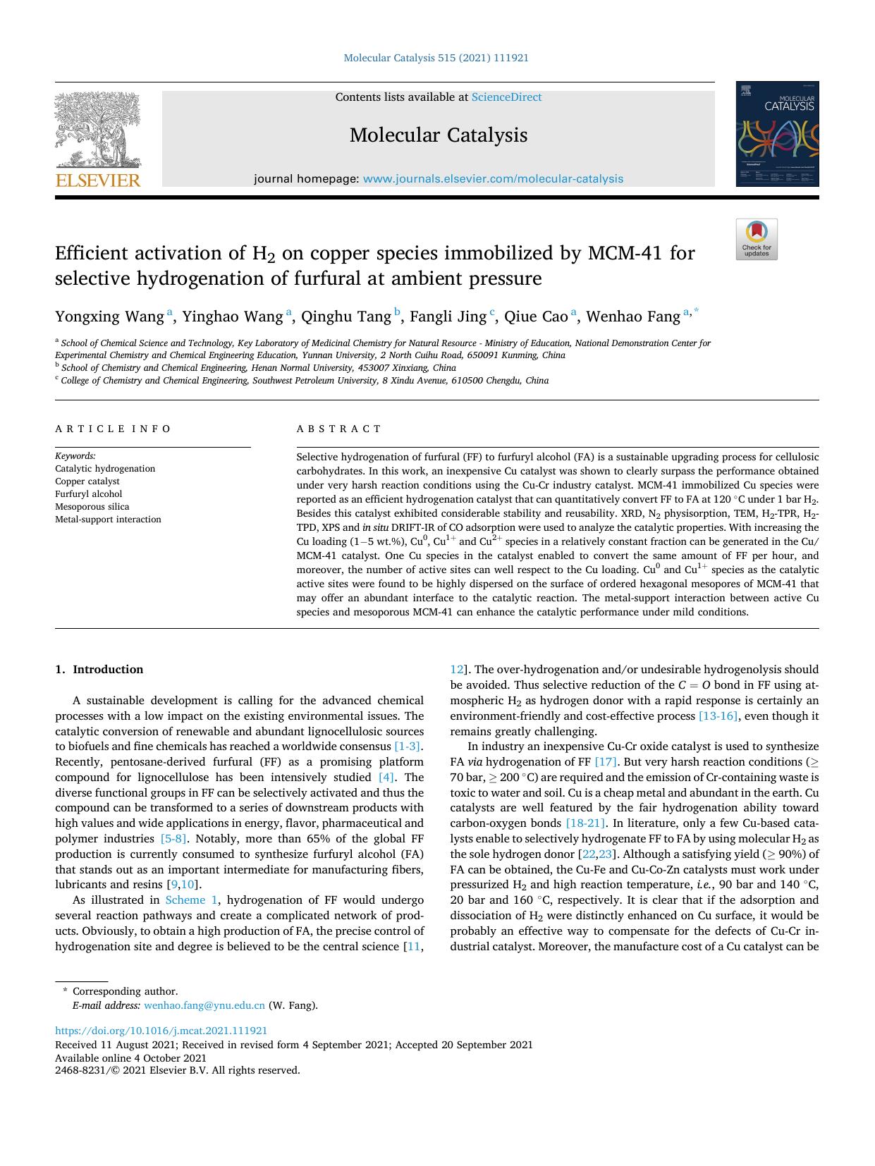 Efficient activation of H2 on copper species immobilized by MCM-41 for selective hydrogenation of furfural at ambient pressure by Yongxing Wang & Yinghao Wang & Qinghu Tang & Fangli Jing & Qiue Cao & Wenhao Fang