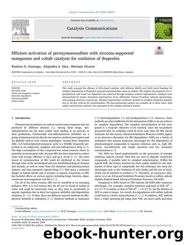 Efficient activation of peroxymonosulfate with zirconia-supported manganese and cobalt catalysts for oxidation of ibuprofen by Romina D. Goenaga & Alejandra S. Diez & Mariana Alvarez