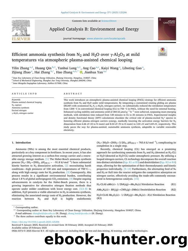 Efficient ammonia synthesis from N2 and H2O over Î³-Al2O3 at mild temperatures via atmospheric plasma-assisted chemical looping by unknow