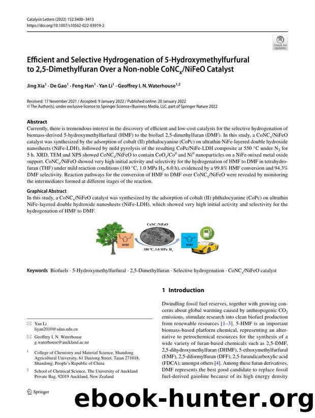 Efficient and Selective Hydrogenation of 5-Hydroxymethylfurfural to 2,5-Dimethylfuran Over a Non-noble CoNCxNiFeO Catalyst by Jing Xia & De Gao & Feng Han & Yan Li & Geoffrey I. N. Waterhouse